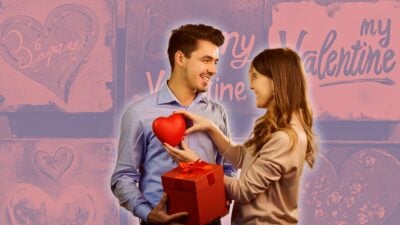a couple exchanging valentines day gifts with valentine background collage