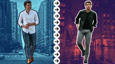 Model-wearing-an-oxford-shirt-during-day-and-model-wearing-chinos-at-night