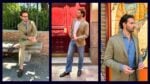 Male-Wearing-Proper-Cloth-Drago-S130s-Suit-Sitting-on-Park-Bench-Standing-in-Front-of-Door-and-In-Front-of-Spanish-Mural-Madrid