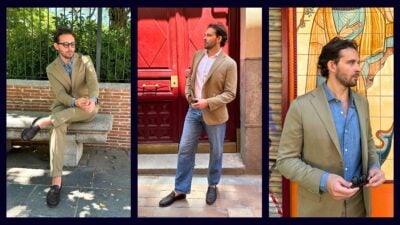 Male-Wearing-Proper-Cloth-Drago-S130s-Suit-Sitting-on-Park-Bench-Standing-in-Front-of-Door-and-In-Front-of-Spanish-Mural-Madrid