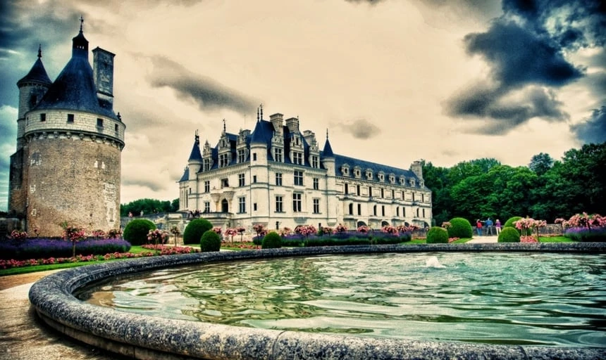Medieval castle in Loire Valley, France on a stormy day