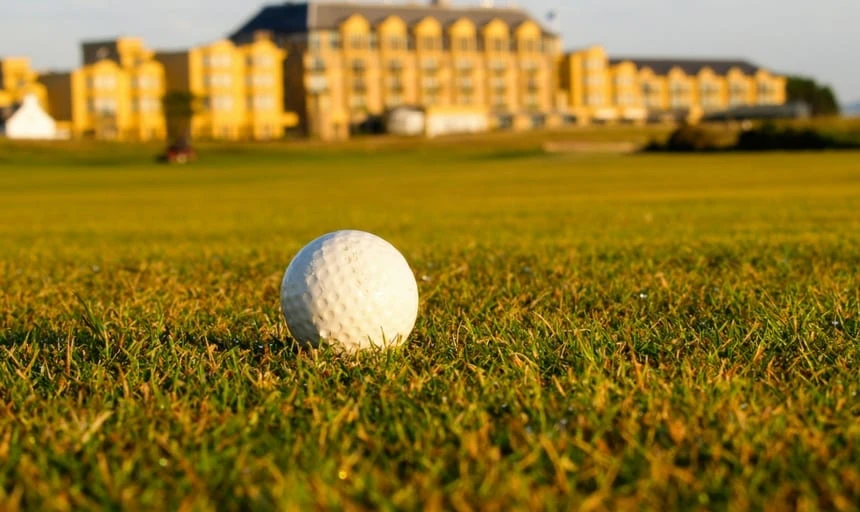 Golf ball on fairway at St Andrews golf course, Scotland