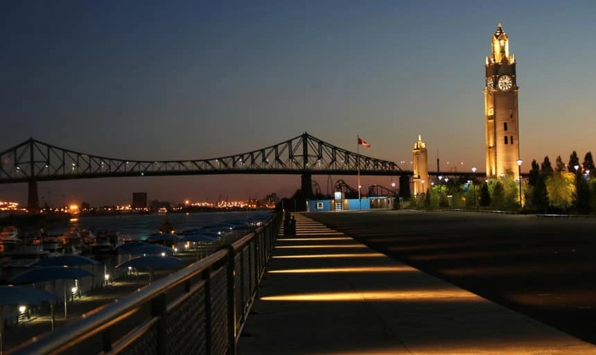 Montreal clocktower and bridge and boardwalk