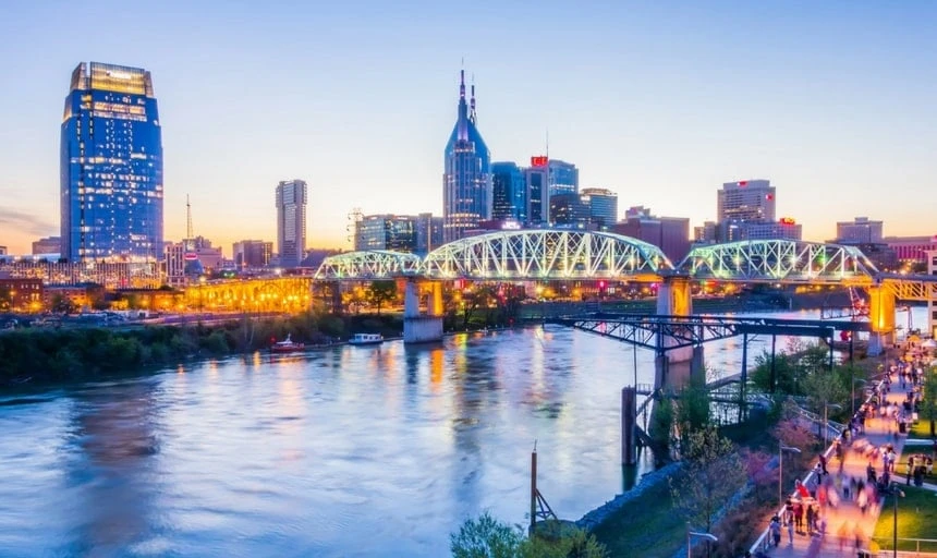 Nashville, Tennessee downtown skyline at Shelby Street Bridge at night