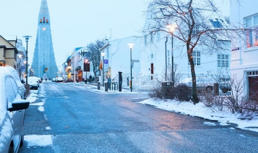 Old street of downtown Reykjavik, Iceland. in the background church of Hallgrimur
