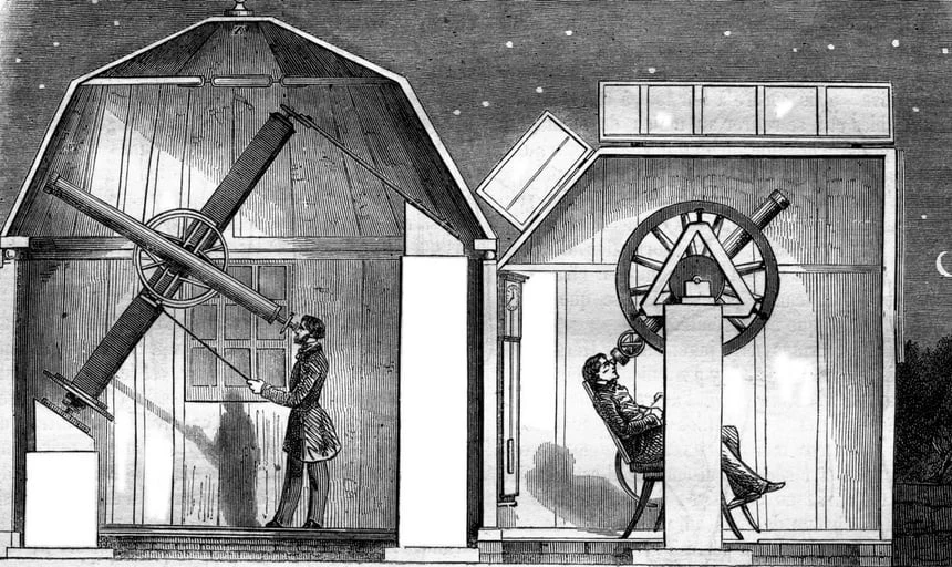 Cartoon black and white image of men looking through telescopes, astronomy