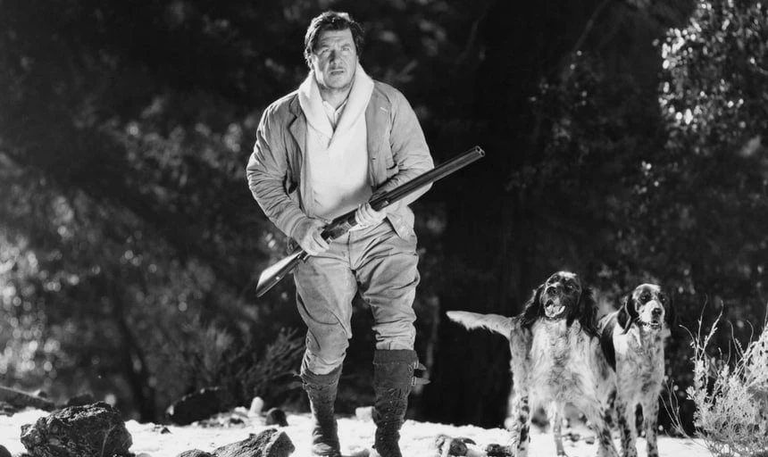 Man with rifle and hunting dogs out hunting - black and white, vintage style image