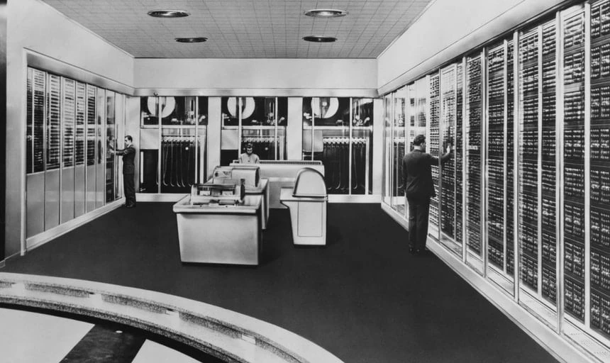 Man with the master computer - vintage in black and white, old school computer