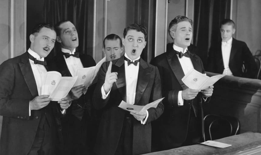 Men singing in a choir - vintage image in black and white