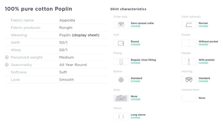 Apposta Pure Cotton Poplin Custom Shirt Specifications