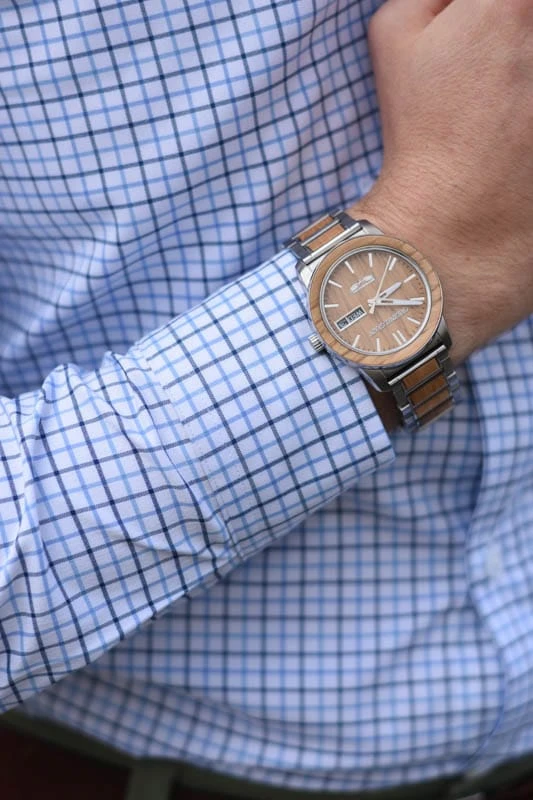 original grain watch on model wearing blue checked dress shirt original grain watch on model wearing blue checked dress shirt