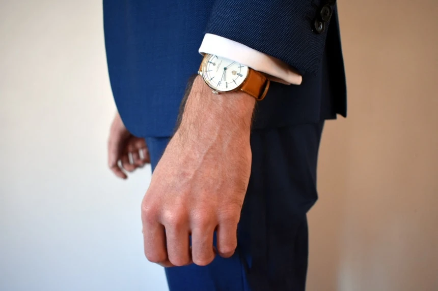 Model Wearing Dufa Bayer In Suit Side On Showing Cuff