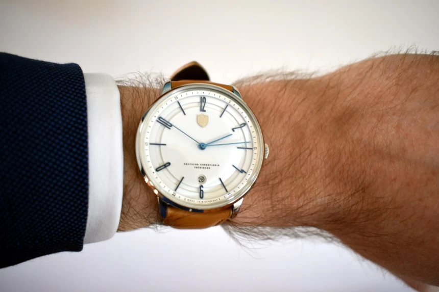 Model Wearing Dufa Bayer on Wrist Showing Dial