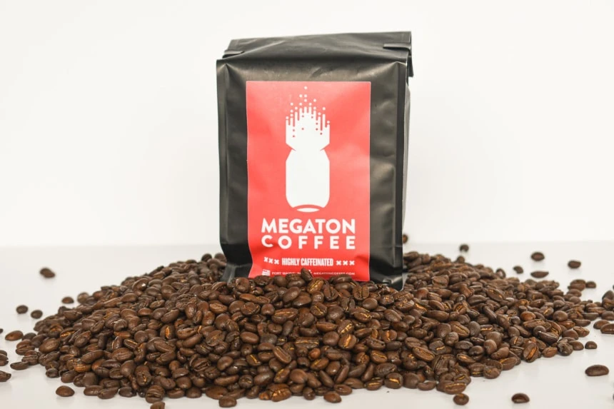 The 5 Strongest Coffee Brands: Want a Rocket? 37 Megaton Coffee Packet Front Open with Beans in Foreground on White Background