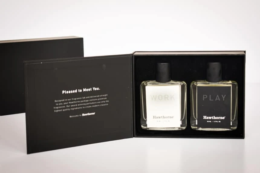 Hawthorne Fragrance Box Packaging Open Showing Work and Play Side by Side