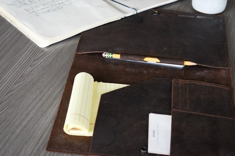 Leather Portfolio angle with pencil Leather Portfolio angle with pencil