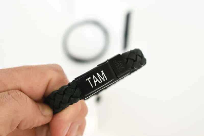 38 Lessons: The Ultimate Guide to Men's Fashion From a Female Perspective 100 The Steel Shop 12mm leather bracelet with engraving closeup