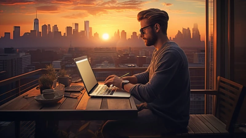 Attractive man with sunglasses on working on his balcony on his laptop with a sunset in background
