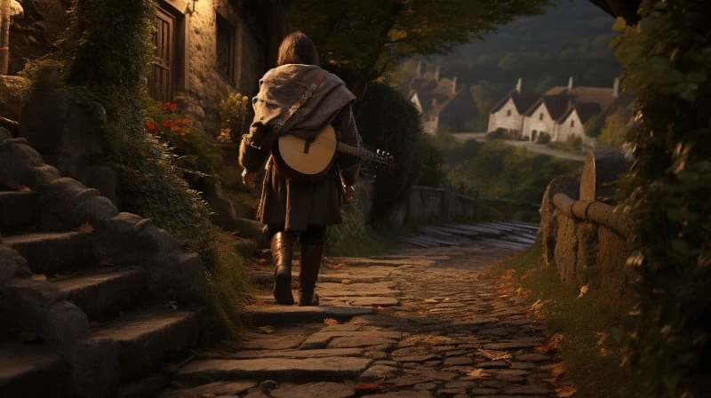 Bard in medieval times traveling along a village path from behind
