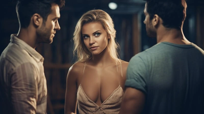 Picture of an attractive woman trying to choose between an alpha male and a sigma male