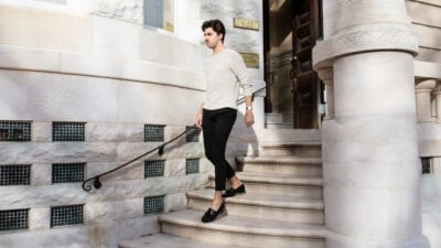 Johnston and Murphy Shoes Review Model Walking Down Stairs With Breland Kiltie Tassel Loafer