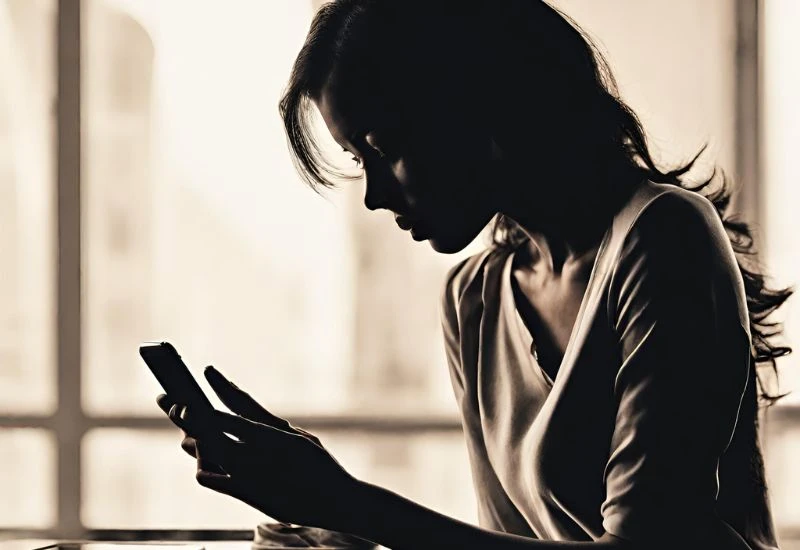 Silhouette photograph of an attractive woman checking her phone