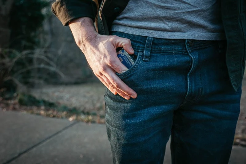The Perfect Jean Review: I Tried Their Most Popular Denim 45 model putting wallet into The Perfect Jean denim