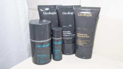 Geologie Review Regimen 32 bundle next to shower Everyday Face Wash Moisturizing Morning Cream Night Cream Eye Cream