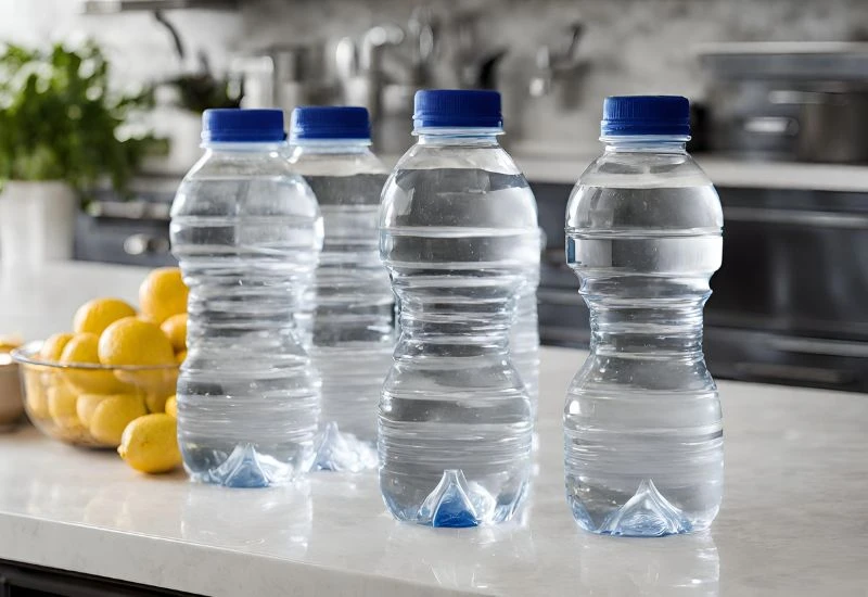 four liter bottles of water on a kitchen counter