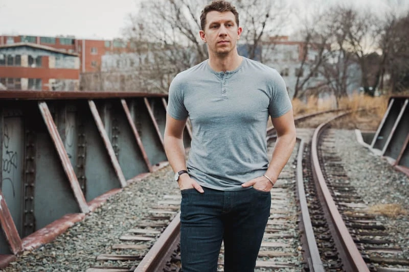 model wearing True Classic Tees grey henley