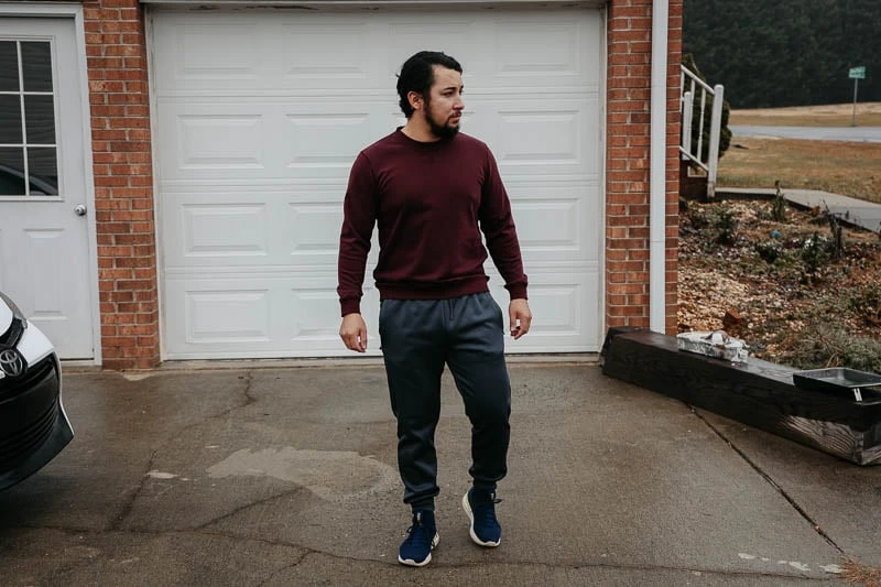 model wearing under 510 joggers and crewneck outfit 1