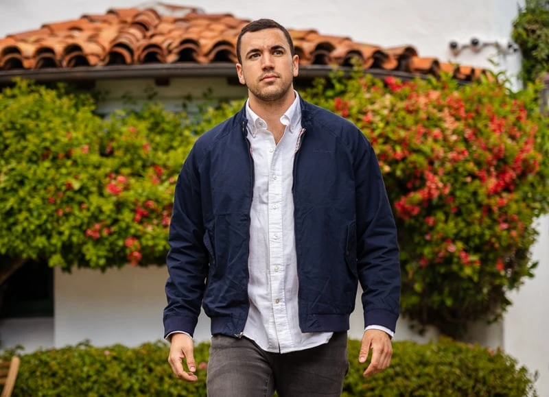 Model walking in Oxford and Harrington Jacket