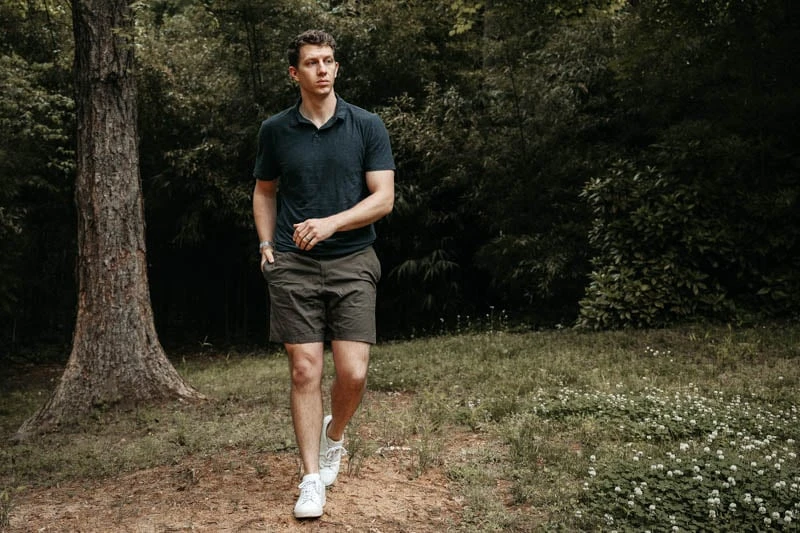 Vuori charcoal polo and ripstop shorts in olive