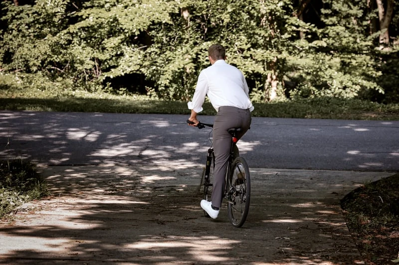 mizzen main grey five pocket pants on bike