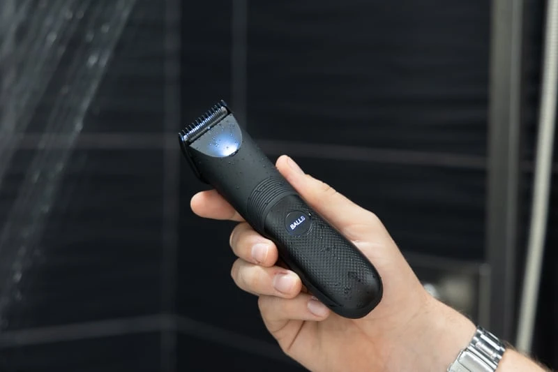 BALLS vs Meridian vs Manscaped: Battle of the Below-the-Belt Trimmers 46 BALLS trimmer in shower close up