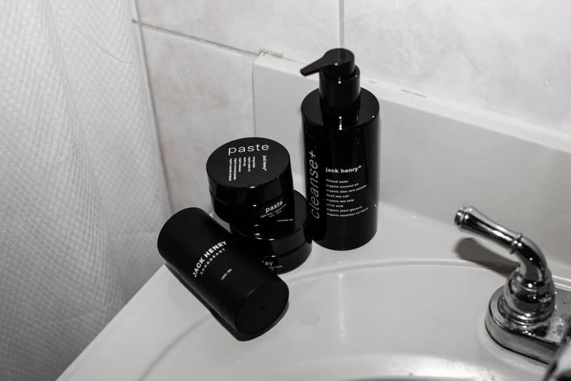 Jack Henry self care products on counter