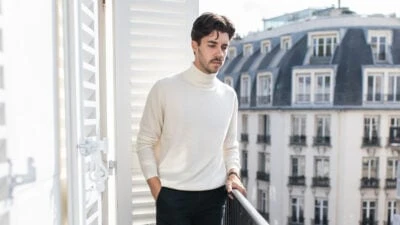 Gobi Cashmere Review Model Wearing Gobi Turtle Neck in paris