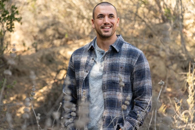 Model in Flag Anthem flannel shirt