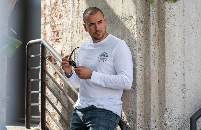 Model wearing Flag Anthem long sleeve