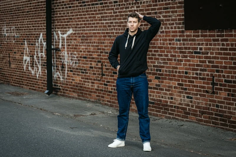 Buck Mason hoodie on model