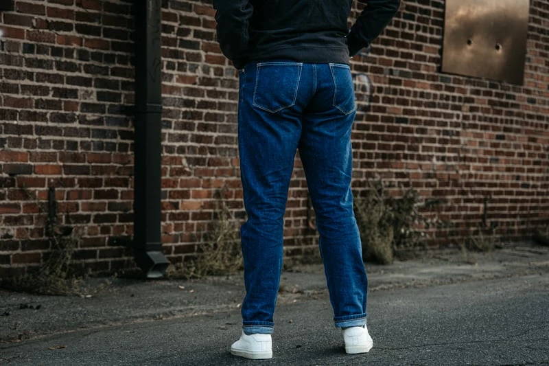 Buck Mason jeans fit demonstration back