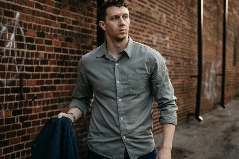 Buck Mason twill shirt on model