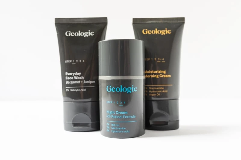 Geologie skincare night cream face wash and morning cream on white background
