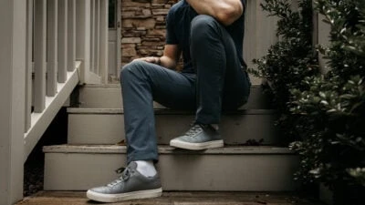 William Barton wearing Evolution Pants 2.0 on outside staircase