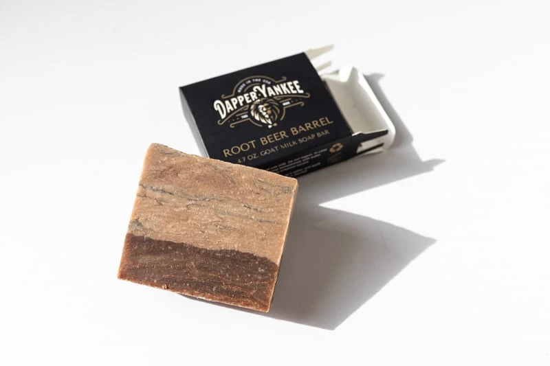 Dapper Yankee Review: Natural Soaps That Are Not Like the Others 67 Dapper Yankee Root Beer Barrel Bar Soap out of box on white background