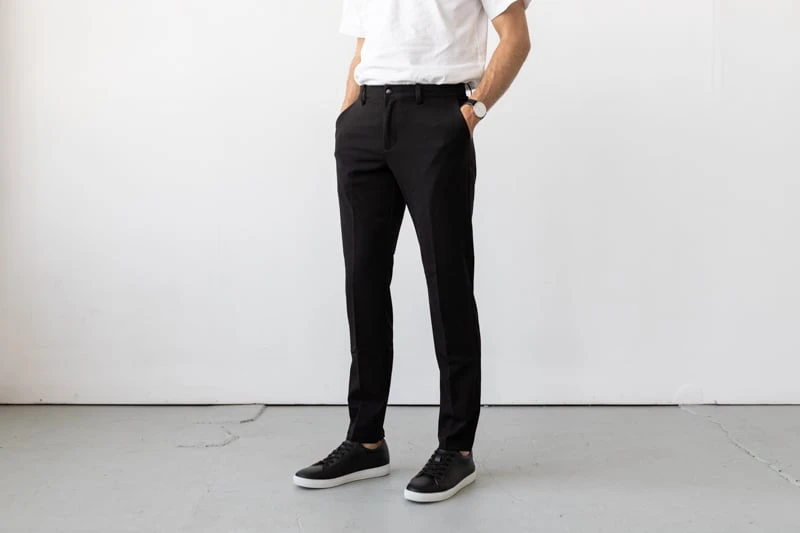 Quince Ultra Stretch Performance Smart Chinos in black from the front