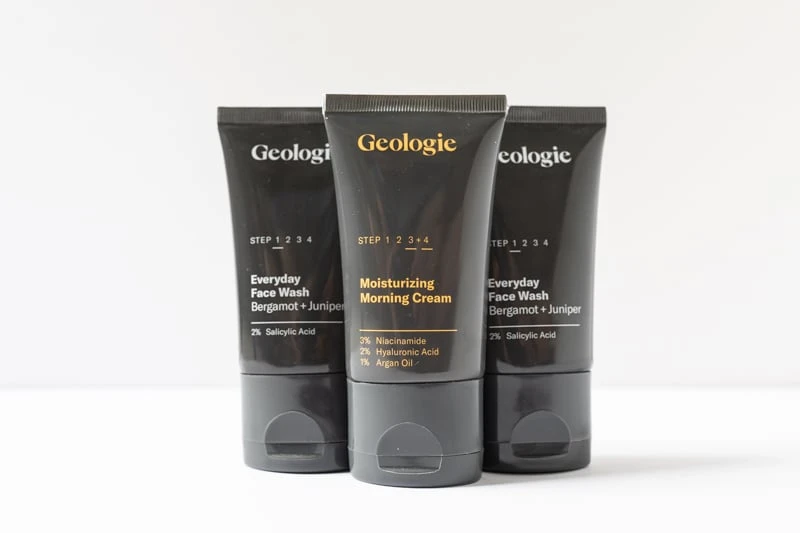 Geologie everyday face wash and moisturizing morning cream on white background