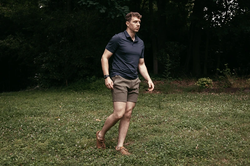 model with lululemon shorts and brown shoes