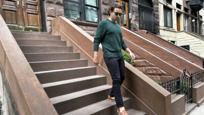 Perk Clothing Review Model Walking Down Stairs Wearing Perk Feel Good Chino