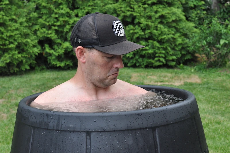 Male model in ice bath